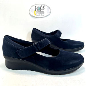 Clarks Blue Heels with Velcro Strap and Cushioned Sole